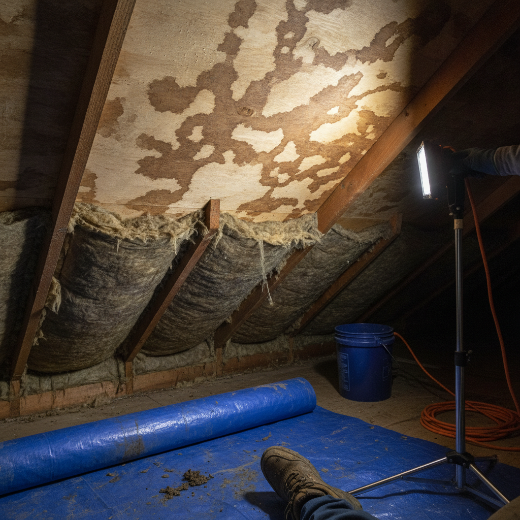 Attic stains or wet insulation — Roofing Contractors guide illustration in Granbury, Texas
