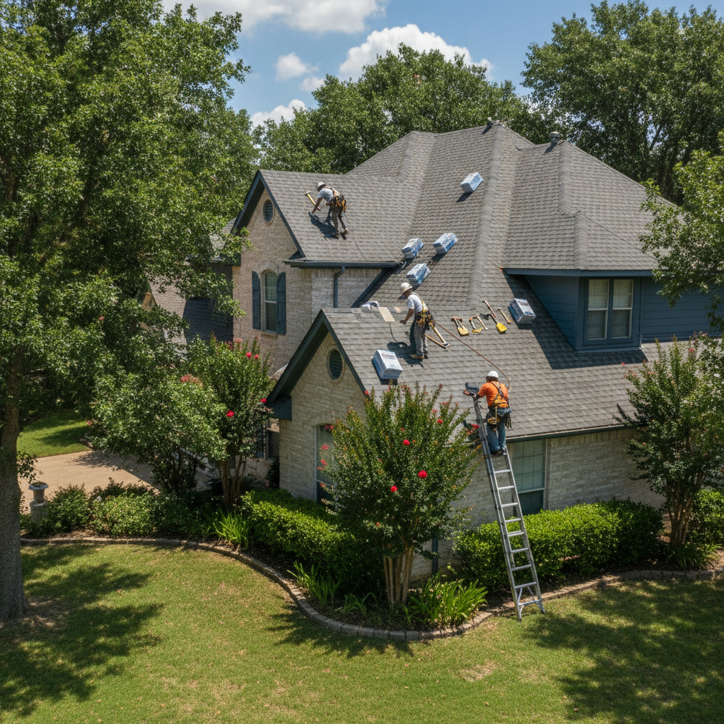 Roofing crew replacing shingles on a well-kept home in Granbury, Texas